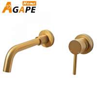 Brass Brushed Gold Bathroom Basin Sink Faucet Wall Mounted Spout And Valve Concealed Basin Mixer Tap Basin faucet