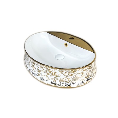 Hot Sale Fashion Ceramic Table Top Oval Gold Sink Bathroom Hand Wash Basin