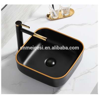 Top Sale Matt Black Gold Side Vessel Counter Top Wash Basin Sink Ceramic