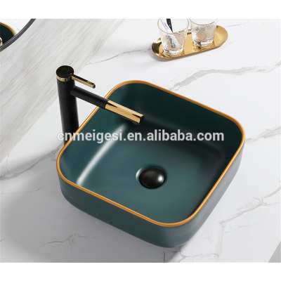 Good Price Square Gold Luxury Ceramic Green Sink Above Counter Basin